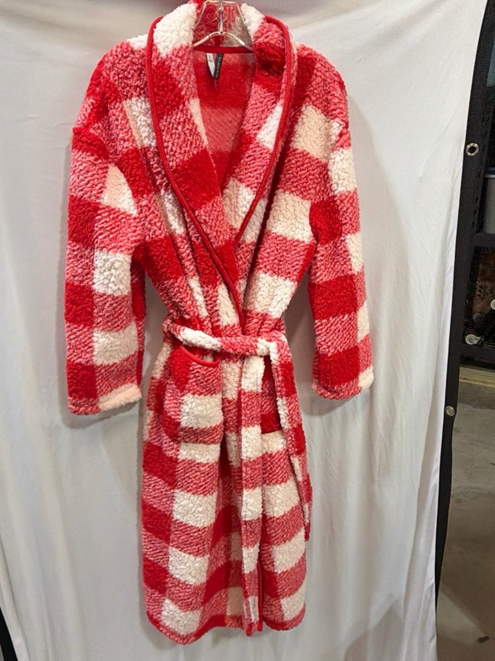 Cozy Red & White Check Plush Bathrobe Coat